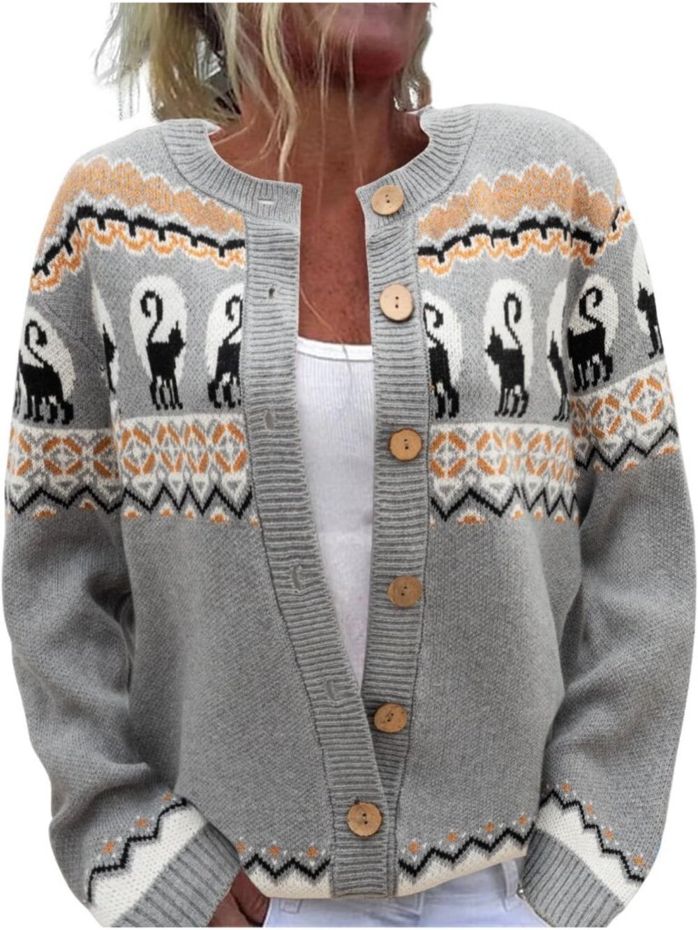 Women’s Gray Black Cat Print Fair Isle Knit Button Down Cardigan Sweater
